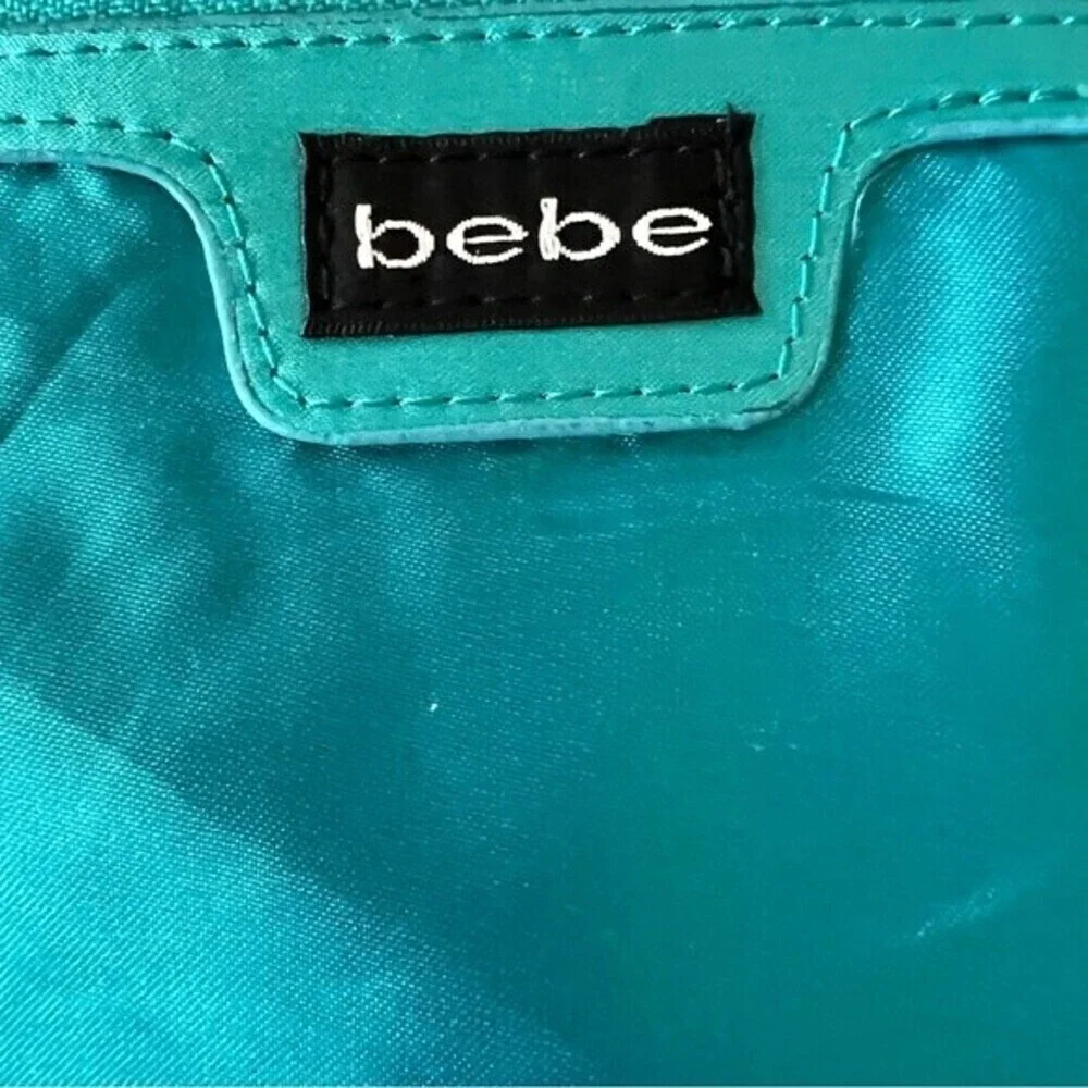 Vintage Bebe Y2K Turquoise Satin Logo Hobo Bag Teal Gold Chain